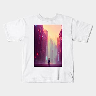 Cute Anime Girl in Streets Lofi Scenario Shadow Landscape Kids T-Shirt